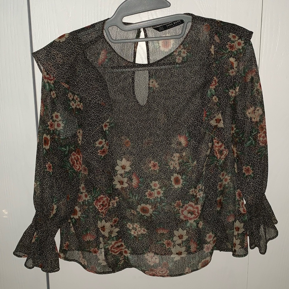 Zara Brown Sheer Floral Blouse